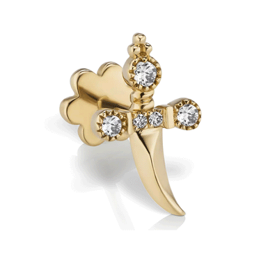 Diamond Trinity Hilt Dagger Threaded Stud by Maria Tash in 14K Yellow Gold. Flat Stud.