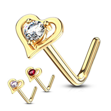 Heart Breaker L-Shape Nose Ring in 14K Yellow Gold - Nostril. Navel Rings Australia.