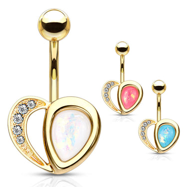 Aphrodite's Opal Heart Belly Bar with Gold Plating - Fixed (non-dangle) Belly Bar. Navel Rings Australia.