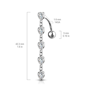Chain of Hearts Reverse Belly Bar with Gold Plating - Reverse Top Down Belly Ring. Navel Rings Australia.