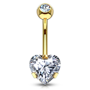 Ice Heart Solitaire Belly Bar with Gold Plating - Fixed (non-dangle) Belly Bar. Navel Rings Australia.