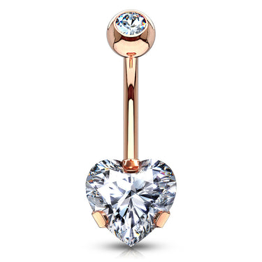 Ice Heart Solitaire Belly Bar with Rose Gold Plating - Fixed (non-dangle) Belly Bar. Navel Rings Australia.