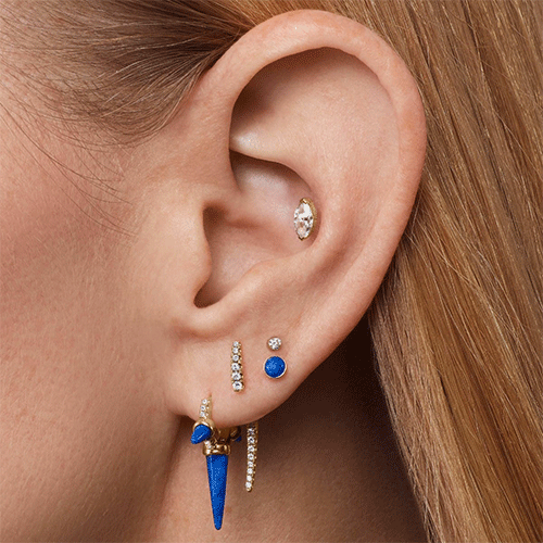 Lapis Triple Long Spike Diamond Eternity Hoop Earring by Maria Tash in White Gold