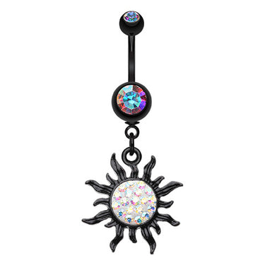 Black Sunburst Glimmer Navel Bar - Dangling Belly Ring. Navel Rings Australia.