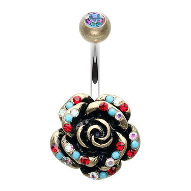 Natures Boho Garden Rose Belly Button Ring - Fixed (non-dangle) Belly Bar. Navel Rings Australia.