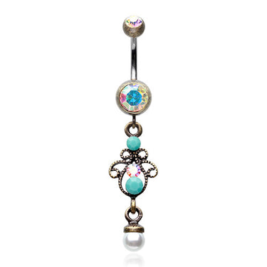 Turquoise Brass Burnish Navel Piercing Bar - Dangling Belly Ring. Navel Rings Australia.