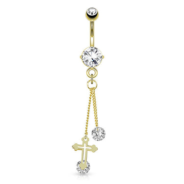 Sacred Cross Charms Belly Bar with Gold Plating - Dangling Belly Ring. Navel Rings Australia.