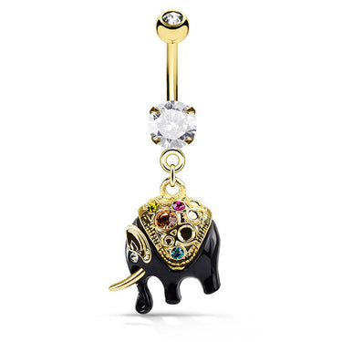 Balinese Elephant Navel Bar with Gold Plating - Dangling Belly Ring. Navel Rings Australia.