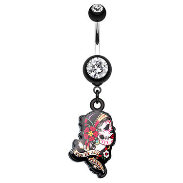 Gypsy Sugar Skull Navel Bar Dangle - Dangling Belly Ring. Navel Rings Australia.