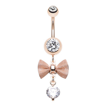 Mesh Bow Dangly Belly Ring with Rose Gold Plating - Dangling Belly Ring. Navel Rings Australia.