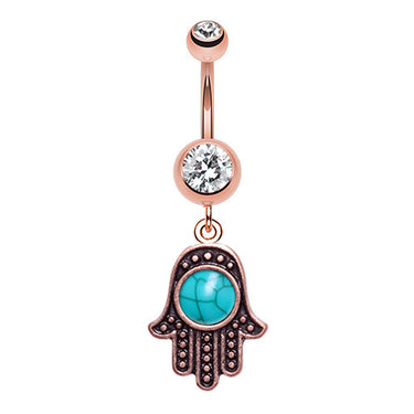 Boho Turquoise Hamsa Belly Dangle With Rose Gold Plating - Dangling Belly Ring. Navel Rings Australia.