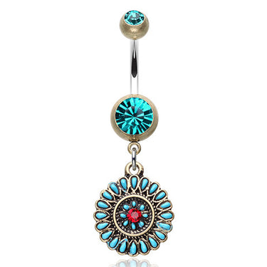 Turquoise Ruby Sahasrara Belly Button Bar - Dangling Belly Ring. Navel Rings Australia.