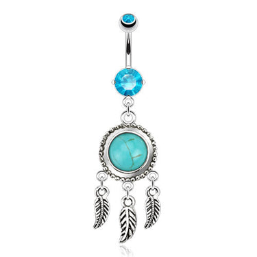 Turquoise Dream Catcher Belly Button Ring - Dangling Belly Ring. Navel Rings Australia.