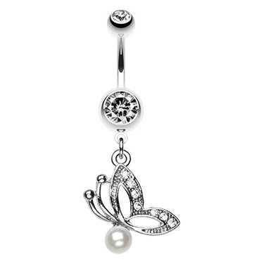 Pearl Droplet Butterfly Belly Button Ring - Dangling Belly Ring. Navel Rings Australia.