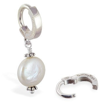 TummyToys® Silver Cream Freshwater Coin Pearl Pendant - TummyToys® Patented Clasp. Navel Rings Australia.