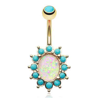 Golden Turquoise Opale Belly Piercing Ring - Fixed (non-dangle) Belly Bar. Navel Rings Australia.