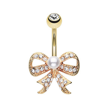 Romantic Pearl Bow Navel Ring - Fixed (non-dangle) Belly Bar. Navel Rings Australia.