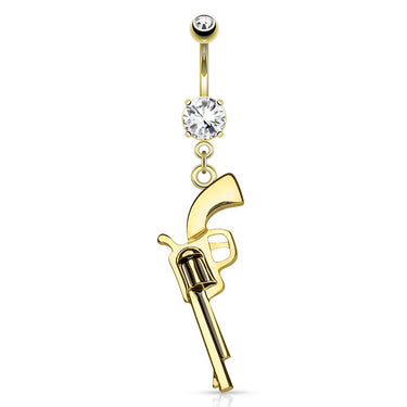 Wild West Golden Revolver Navel Bar - Dangling Belly Ring. Navel Rings Australia.