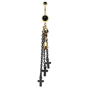 Golden Cross Bullet Skull Belly Button Bar - Dangling Belly Ring. Navel Rings Australia.