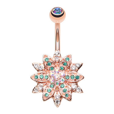 Golden Emerald Flower Burst Belly Button Ring - Fixed (non-dangle) Belly Bar. Navel Rings Australia.