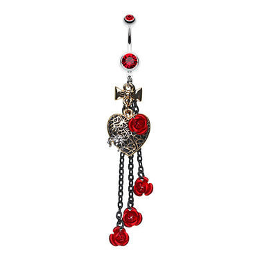 Gothic Metal Rose Heart Belly Button Ring - Dangling Belly Ring. Navel Rings Australia.