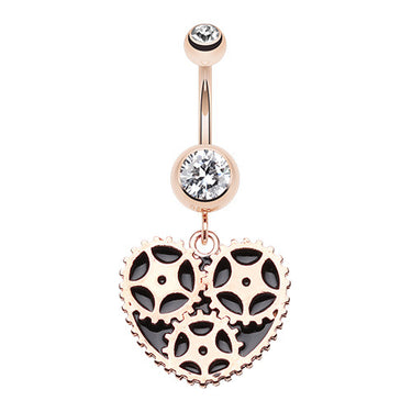 Rose Gold Geared Heart Navel Ring - Dangling Belly Ring. Navel Rings Australia.