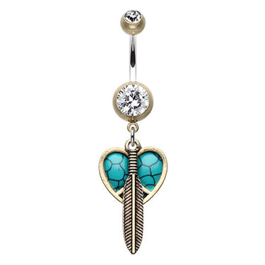 Boho Feathered Heart Belly Button Ring - Dangling Belly Ring. Navel Rings Australia.