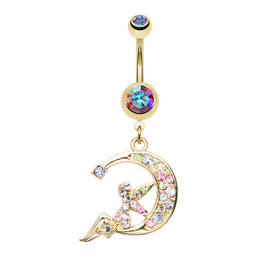 Mystical Fairy Moon Navel Piercing Bar - Dangling Belly Ring. Navel Rings Australia.