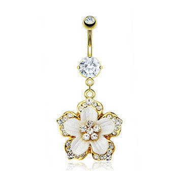 Paved Hawaiian Flower Belly Ring with Gold Plating - Dangling Belly Ring. Navel Rings Australia.