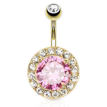 Majestic Pink Gem Navel Bar with Gold Plating - Fixed (non-dangle) Belly Bar. Navel Rings Australia.