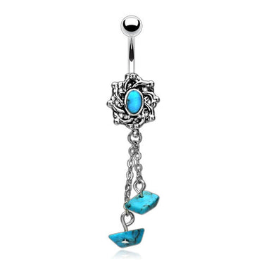 Turquoise Embedded Charm Belly Piercing Ring - Dangling Belly Ring. Navel Rings Australia.