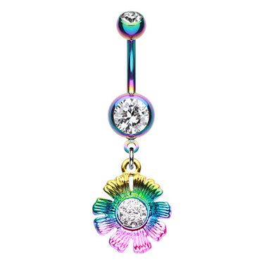 Rainbow Flower Burst Navel Bar - Dangling Belly Ring. Navel Rings Australia.