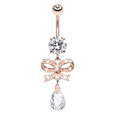 Golden Crystal Tip Bow Belly Button Bar - Dangling Belly Ring. Navel Rings Australia.