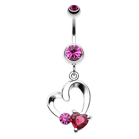 Dangling Heart Navel Ring with Hot Pink Gems. 14g, 10mm Steel Bar ...