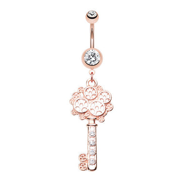 Rose Gold Geared Key Navel Bar - Dangling Belly Ring. Navel Rings Australia.