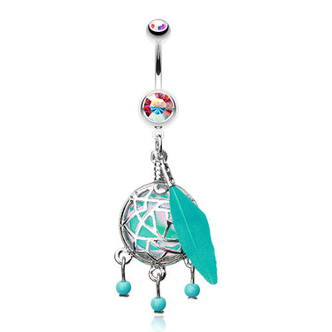 Turquoise Opal Dream Catcher Belly Bar - Dangling Belly Ring. Navel Rings Australia.