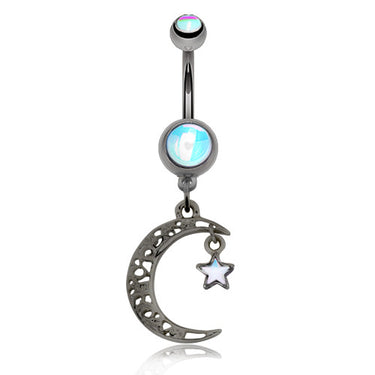 Hematite Crescent Moon Belly Dangle - Dangling Belly Ring. Navel Rings Australia.