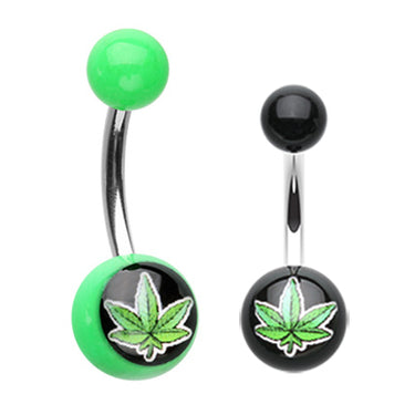 Marijuana Leaf Acrylic Navel Bar - Basic Curved Barbell. Navel Rings Australia.