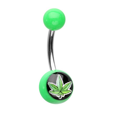 Marijuana Leaf Acrylic Navel Bar - Basic Curved Barbell. Navel Rings Australia.