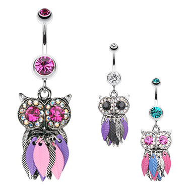 Metallic Feathered Owl Belly Bars - Dangling Belly Ring. Navel Rings Australia.