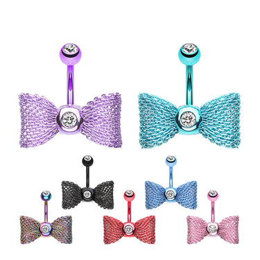 Metallic Mesh Bow Belly Rings - Fixed (non-dangle) Belly Bar. Navel Rings Australia.