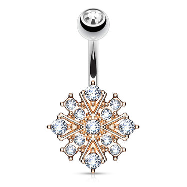 Gem Stacked Snowflake Belly Bar with Rose Gold Plating - Fixed (non-dangle) Belly Bar. Navel Rings Australia.