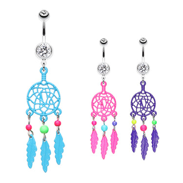 Neon Dream Catcher Belly Bars - Dangling Belly Ring. Navel Rings Australia.