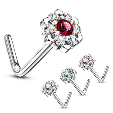 Amore Daisy L-Shape Nose Ring in 14K White Gold - Nostril. Navel Rings Australia.