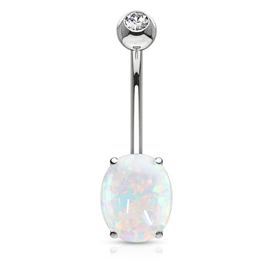 Classic Opal Belly Ring in 14K White Gold - Fixed (non-dangle) Belly Bar. Navel Rings Australia.