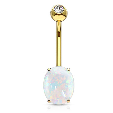 Classic Opal Belly Ring in 14K Yellow Gold - Fixed (non-dangle) Belly Bar. Navel Rings Australia.