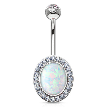 Deluxe Opal Belly Ring in 14K White Gold - Fixed (non-dangle) Belly Bar. Navel Rings Australia.