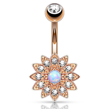 Petaled Opal Navel Ring with Rose Gold Plating - Fixed (non-dangle) Belly Bar. Navel Rings Australia.