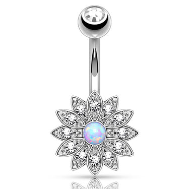 Jeweled Petal Opal Belly Button Ring - Fixed (non-dangle) Belly Bar. Navel Rings Australia.