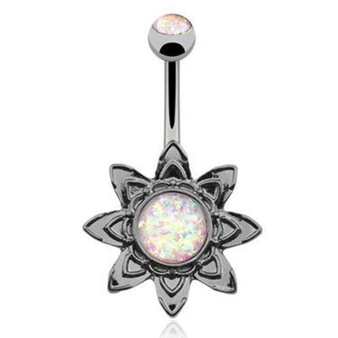 Hematite Solar Deity Opal Belly Ring - Fixed (non-dangle) Belly Bar. Navel Rings Australia.